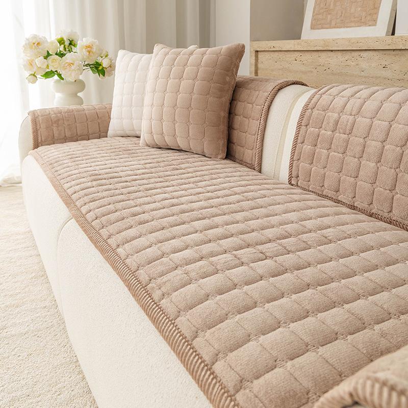 Dark Grey Flannel Sofa Cushion Covers Grid Quilted Thick Warm Seat Cover Non-Slip Anti-Scratch Sofa Protector for Living Room