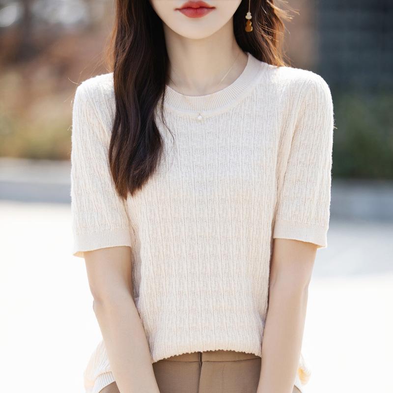 Pure Cotton Sweater Short-sleeved Women's Summer Round Neck Versatile T-shirt Twist Solid Color Fashionable Versatile Comfortable T-shirt Top