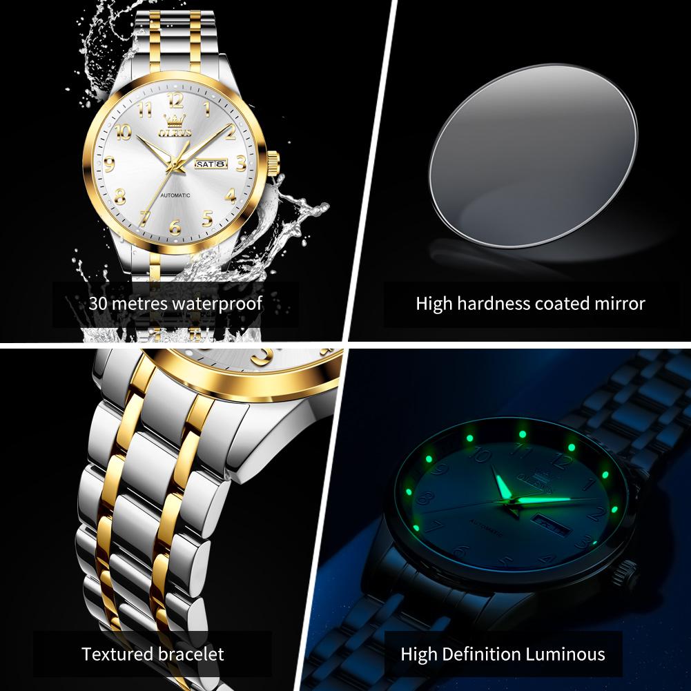 OLEVS 7078 Original Automatic Man Watch Digital Dial Stainless Steel Dual Calendar Waterproof Luminous Mechanical Men's Watches