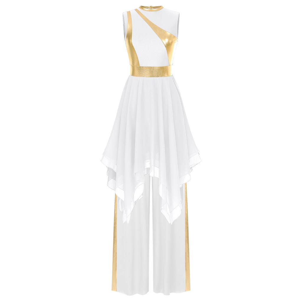 Женский костюм для современного танца, платье с неровным подолом и цветными блоками, металлизированная пэчворк, брюки широкого кроя, танцевальная одежда