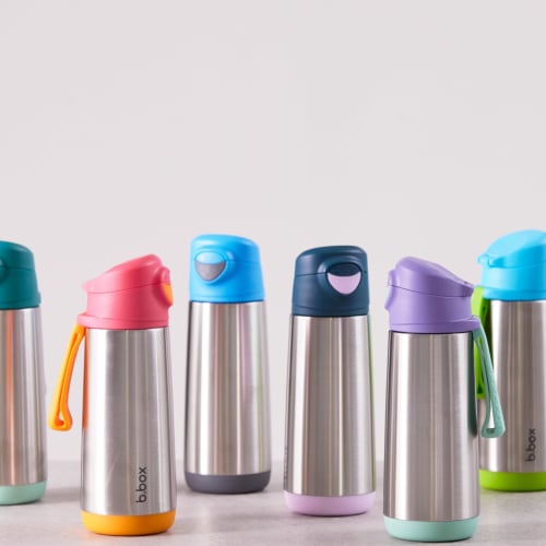 b.box Insulated Drink Bottle with Spout, Keeps Drinks Hot or Cold, One-Push Operation, Top-Rack Dishwasher Safe [Authentic b.box Product] [Stainless S