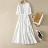 Dress Women's 2025 Summer New Loose Lace-up Waist Long Dress White Vacation Round Neck Short-sleeved Long Dress