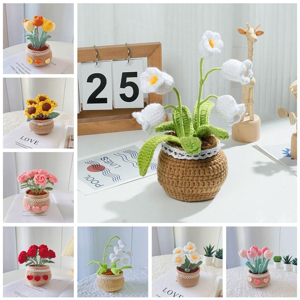Handmade Woolen Yarn Flowers Crochet Knitting Kit No Finish Tulip Potted Flower Desktop Ornament