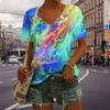 Women's V-Neck Short Sleeve Multicolored Feathers Printed Tops Loose T-Shirt Casual Blouse