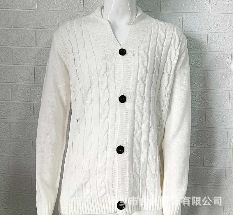 Мужской кардиган с V-образным вырезом и кабельным узором светло-серого, бежевого, темно-зеленого, синего и винно-красного цвета