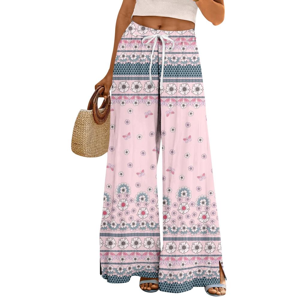 Women Summer Boho Palazzo Pants High Waist Wide Leg Floral Printing Casual Trousers With Pockets