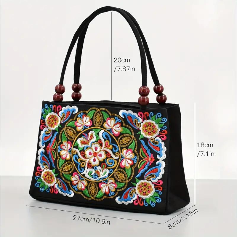 Stylish Floral Embroidered Handbag, Trendy Zipper Canvas Bag, Women's Fashion Purses