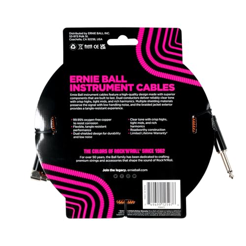 Genuine Ernie Ball 6471 Braided Instrument Cable, 18 Feet, 5.49m Straight/Angle, Pumpkin Pie