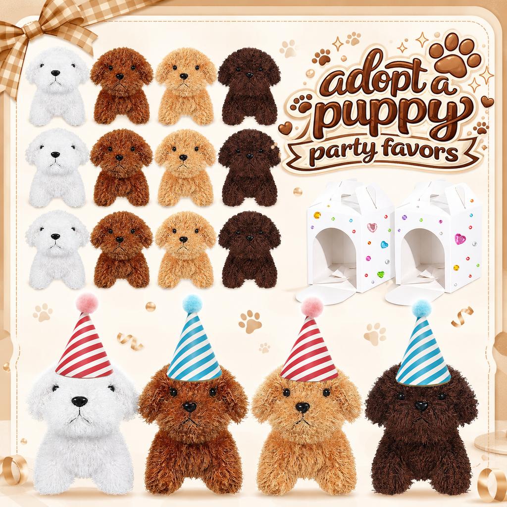 12-36Pcs Adopt A Puppy Party Favors Dog Stuffed Animal Set Includes Mini Dogs, Birthday Hat,White DIY Box for Dog Party Favors