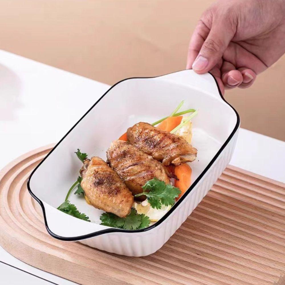2 Piece Rectangular Double Handle Ceramic Baking Tray Strip Pattern Cheese Risotto Baking Dish Oven
