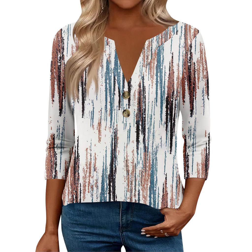 Женские топы с рукавом 3/4 для женщин, топы хенли на пуговицах с V-образным вырезом, нарядные летние женские топы свободного кроя