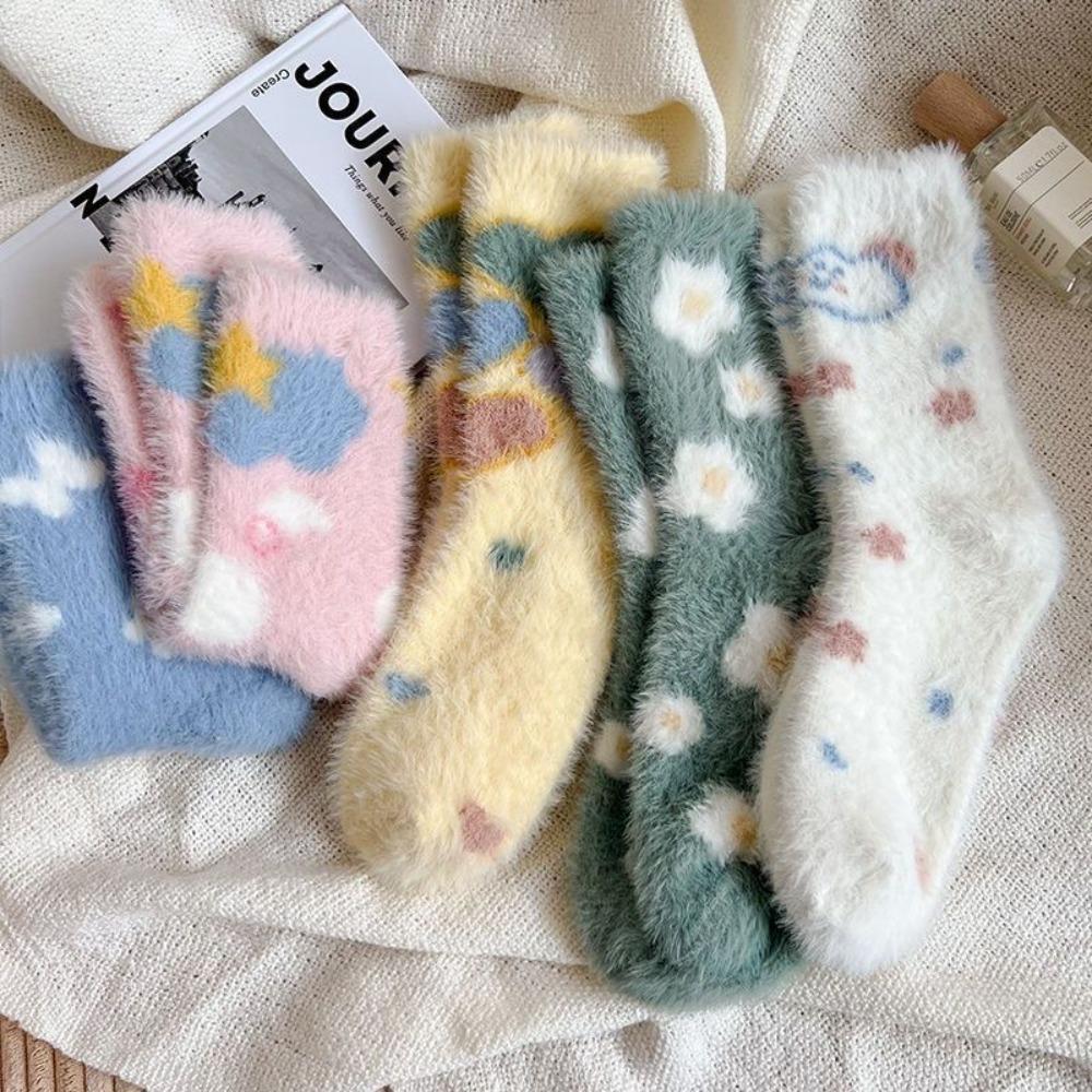 Keep Warm Mink Velvet Socks Flower Heart Pattern Winter Socks Sweet Middle Tube Sock Ladies