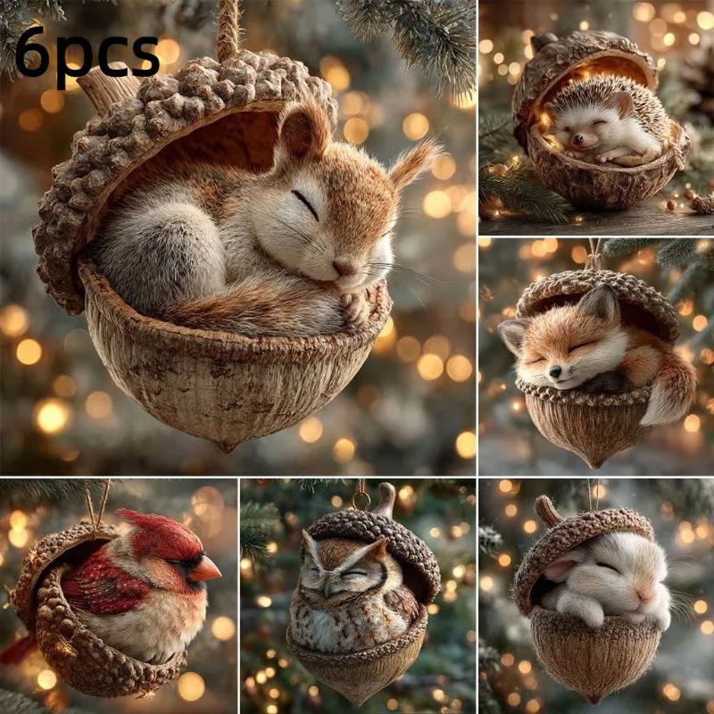 Плоские ornaments с животными из леса и желудями 1/5/6 шт. Прекрасный рождественский декор для детской комнаты, Рождественской елки, Праздничной вечеринки, Декор для дома