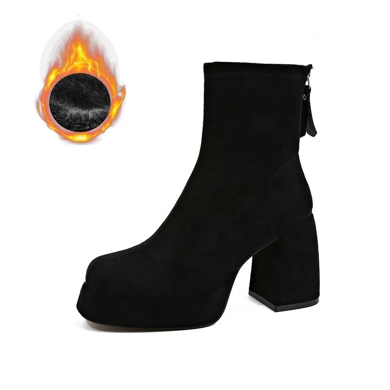 Designer Winter Women Modern Ankle Boots Short Plush Short Booties Ladies Platform Square High Heels Shoes