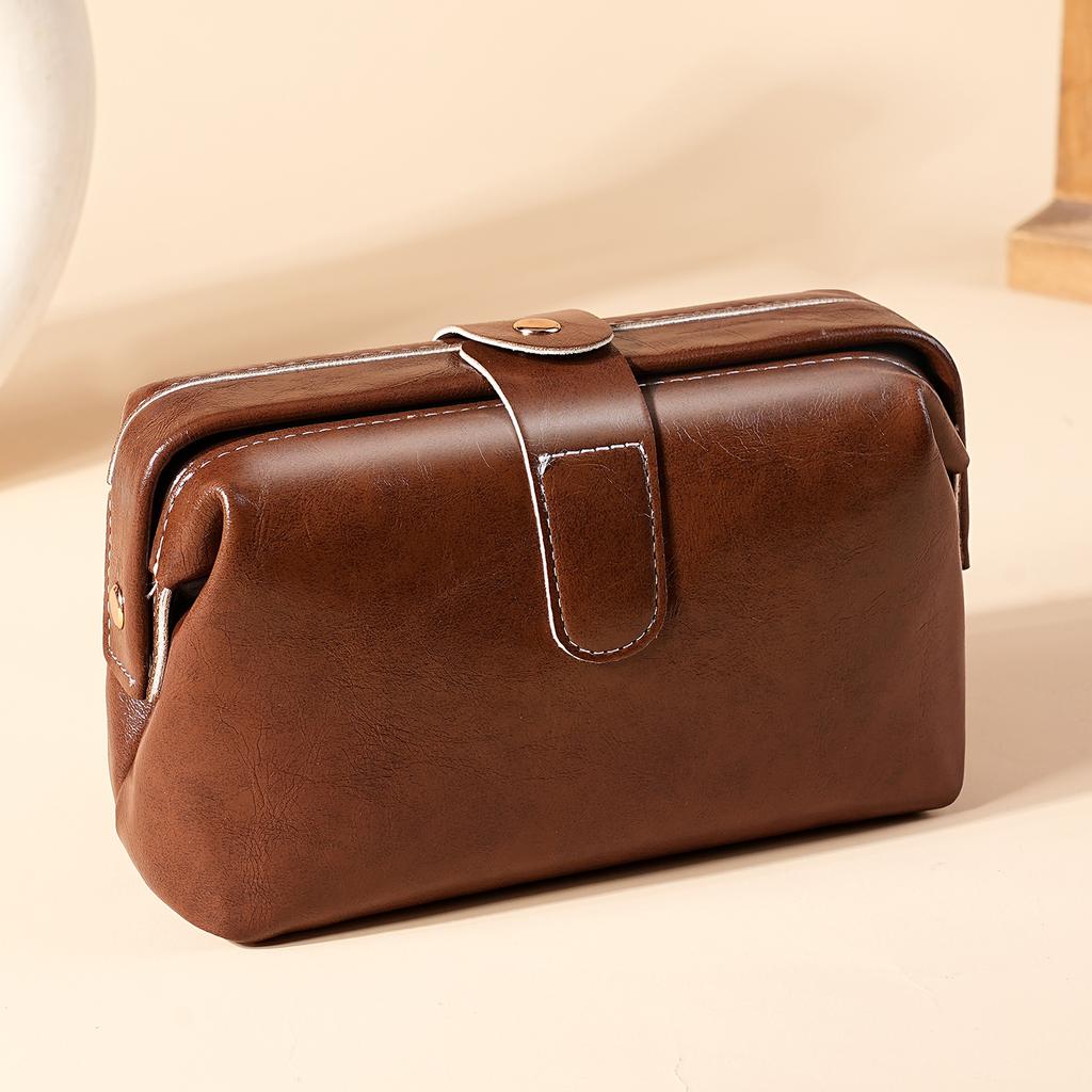 Fashion Vintage PU Leather Cosmetic Bag for Women Girl Solid Button Coin Purse Large Capacity Makeup Case Waterproof