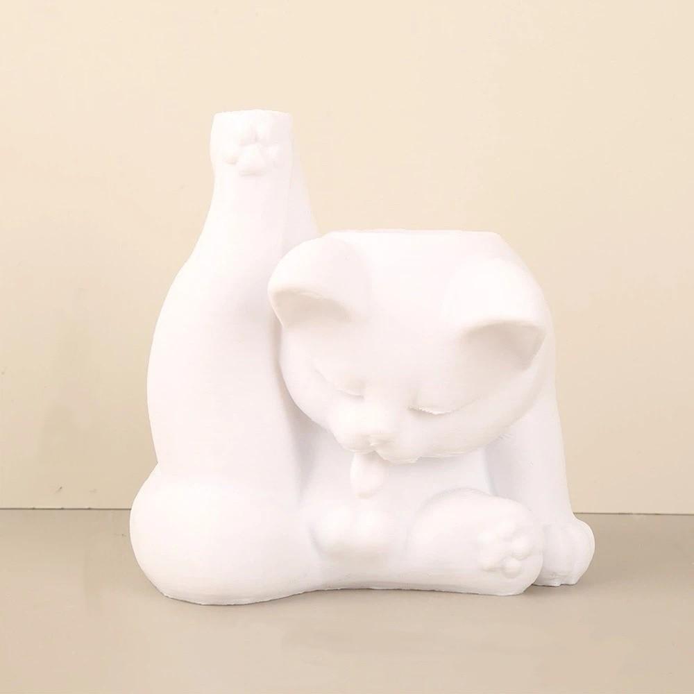 Funny Makeup Brush Holder 3D Printed Desk Storage Box Licking Paw Cat Statue  Stationery Storage