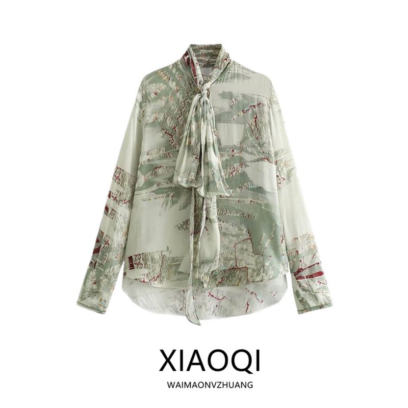 24 Spring New Arrival Fashion Style Women's Clothing Casual Loose Bowknot Decoration Print Shirt Tops 2356008 330