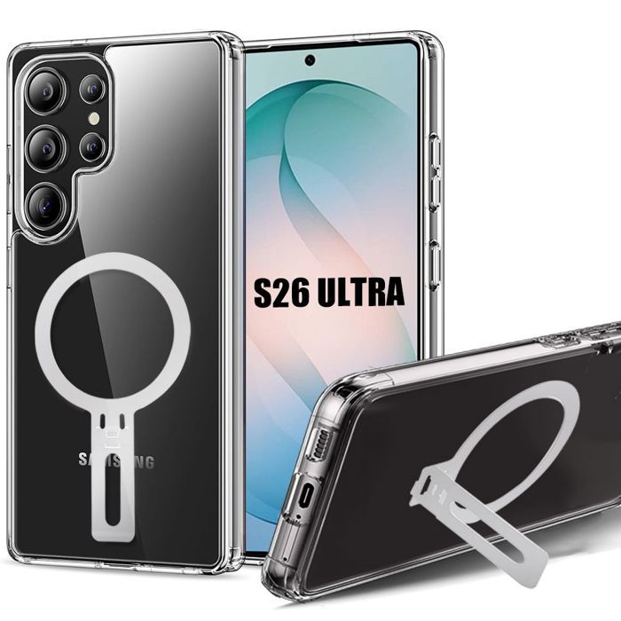 Coque pour Samsung Galaxy S26 Ultra, Antichoc Silicone Transparent avec Support Argenté Réglable