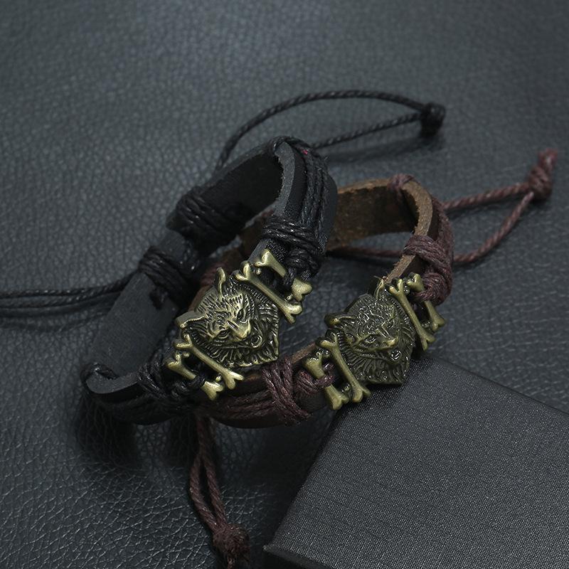 New Jewelry Vintage Woven Leather Bracelet Rope Ancient Copper Alloy Wolf Head Imitation Cowhide Bracelet Jewelry