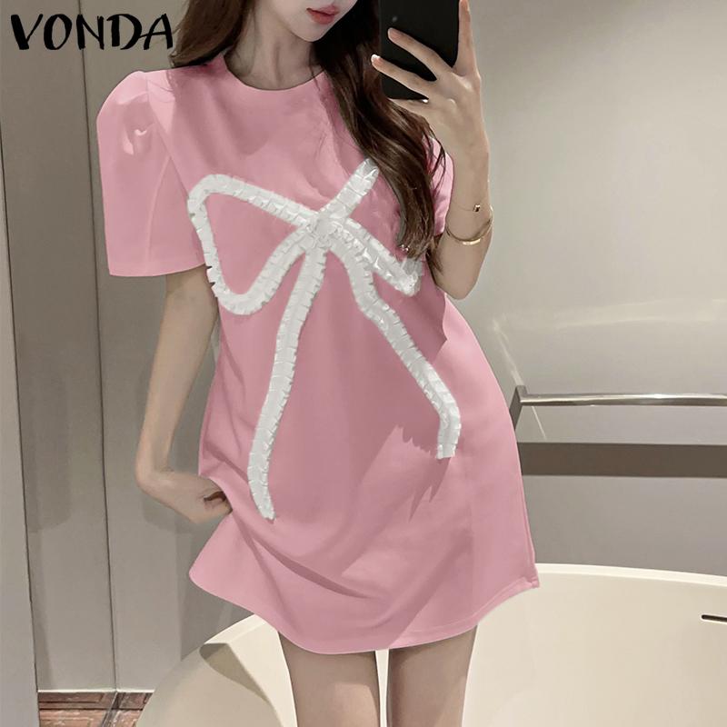 VONDA Женские летние платья с круглым вырезом и коротким рукавом с принтом в виде завязок