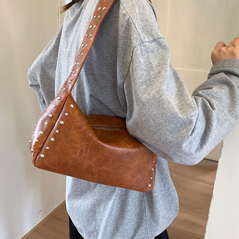 Винтажная однотонная сумка-подмышка с заклепками для женщин, легкая портативная сумка через плечо из ПУ кожи для путешествий, пляжа и повседневных выходов KTY