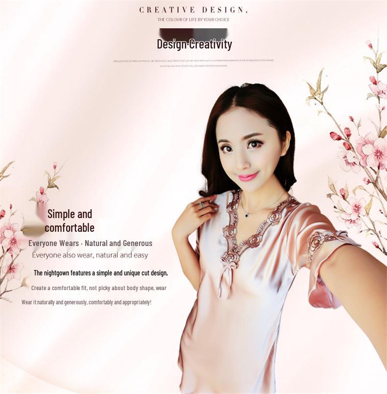 Женская летняя ночная сорочка из ледяного шелка - Модная пижама с коротким рукавом больших размеров