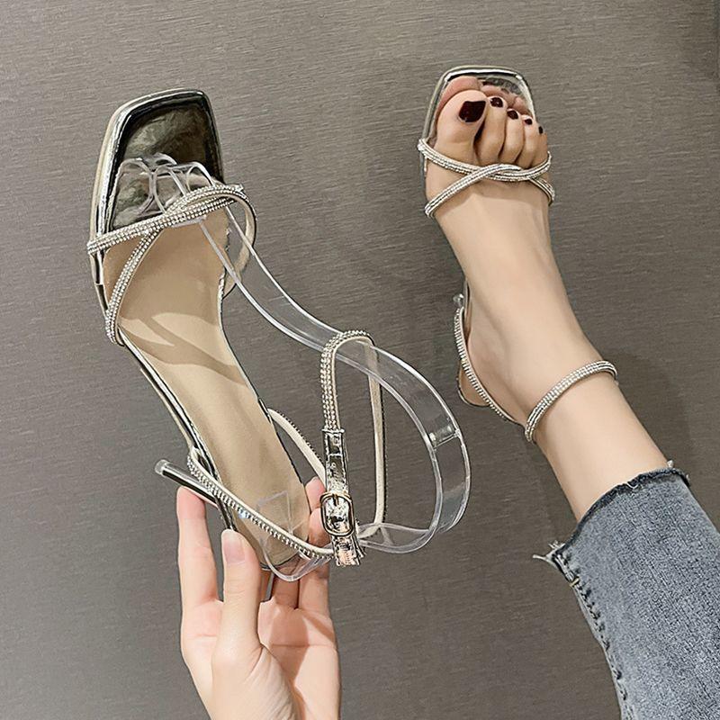 Однословные сандалии женской моды со стразами, с открытым носком, летние, новые, универсальные, в сказочном стиле, на высоком каблуке-шпильке