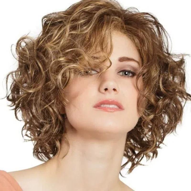 Synthetic Fluffy Curly Hair for Women Lady Shoulder Length Golden Brown Wigs Heat Resistant Fibre Daily Costume