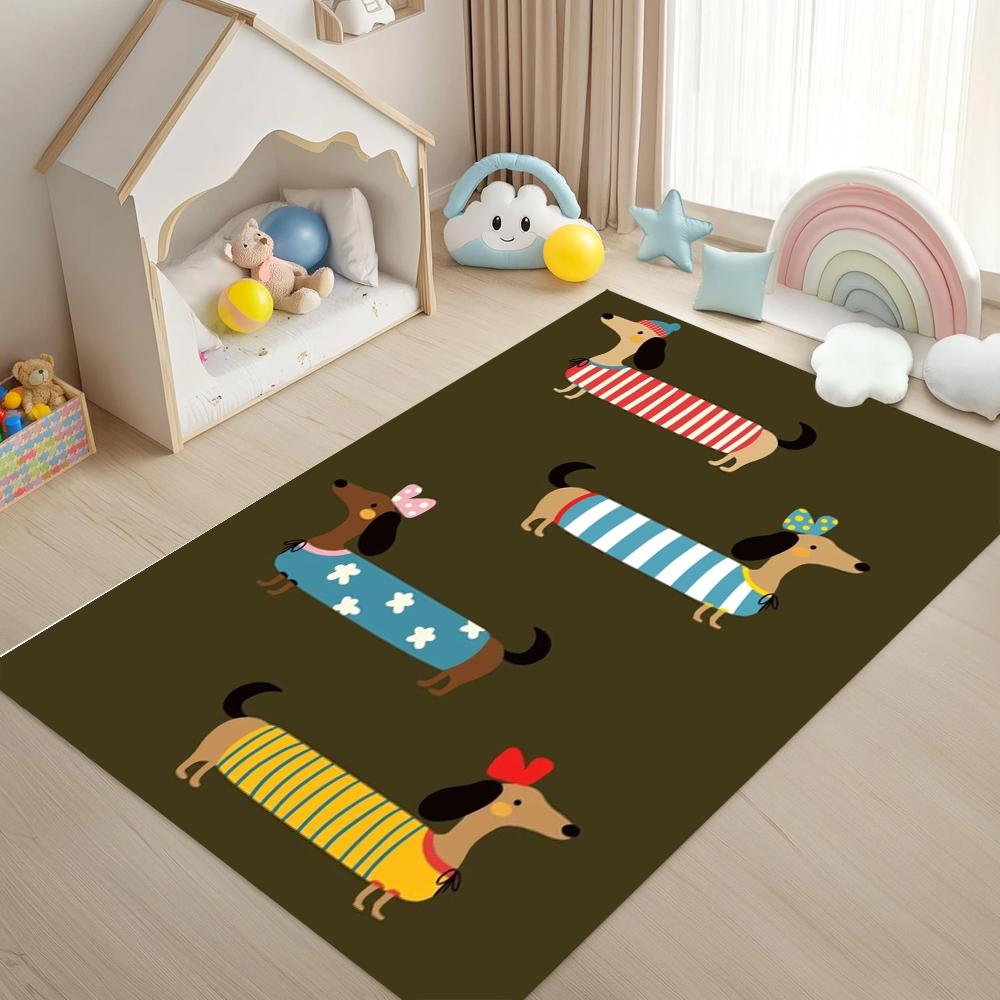 Dark Green Dachshund Parade Area Rug Non Slip Washable Mat for Nursery Playroom Kids Bedroom Pet Lover Gift Home Decor