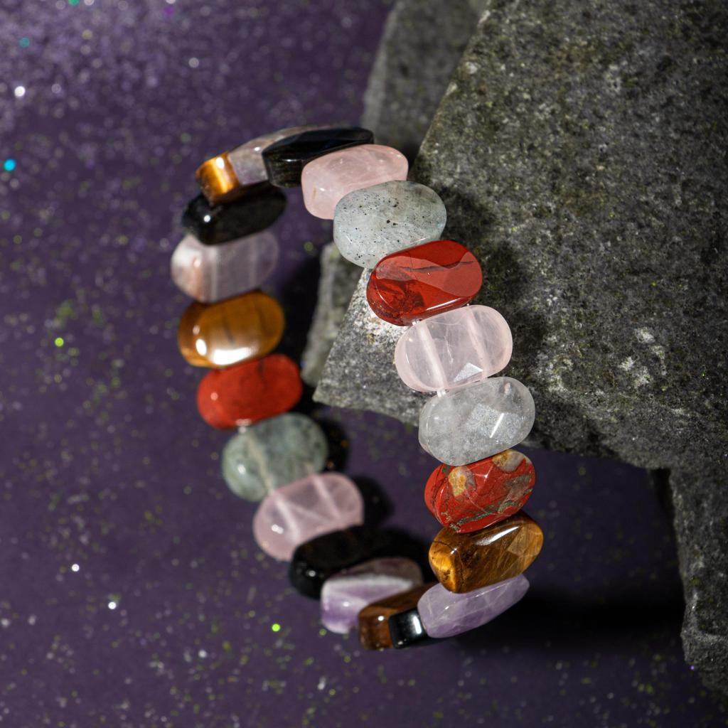 Браслет Девы Аметист, Золотой обсидиан, Тигровый глаз, Лабрадорит, Розовый кварц, Моховой агат