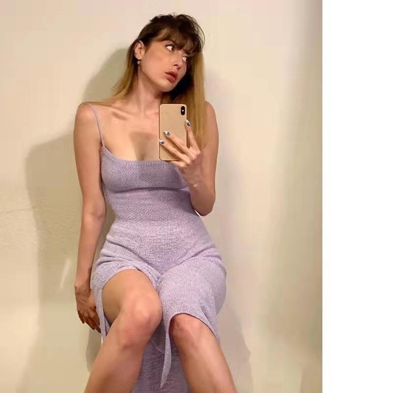 Summer Backless Cross Bandage Sexy Dress Women Sling Long Slit Party Club Knit Dress Woman Elegant Slim Fit Casual Dresses Lady 24300