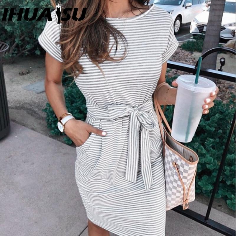 IHUASU Женская мода лето весна однотонный принт с коротким рукавом и круглым вырезом с высокой талией повседневные платья