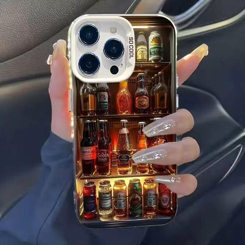 Интересный Креативный Чехол для Телефона iPhone 16 15 13 14 12 11 Pro Max Plus X XS XR в Виде Холодильника с Пивом и Напитками, Ударопрочный Жесткий Чехол