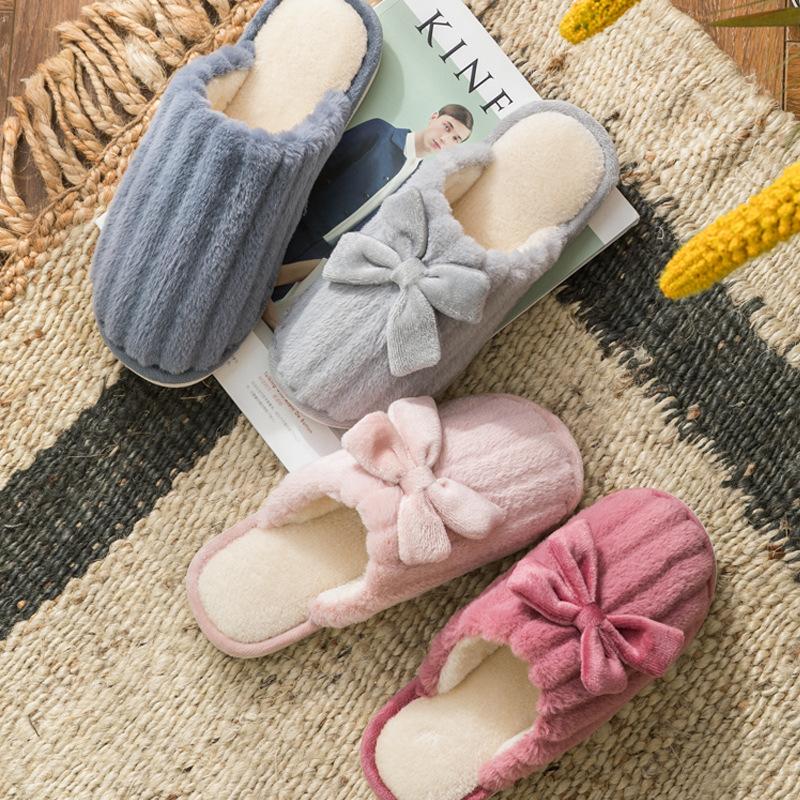 Искусственный мех кролика зимние банты хлопковые тапочки женские домашние толстые подошвы пара домашние нескользящие теплые пушистые тапочки мужские