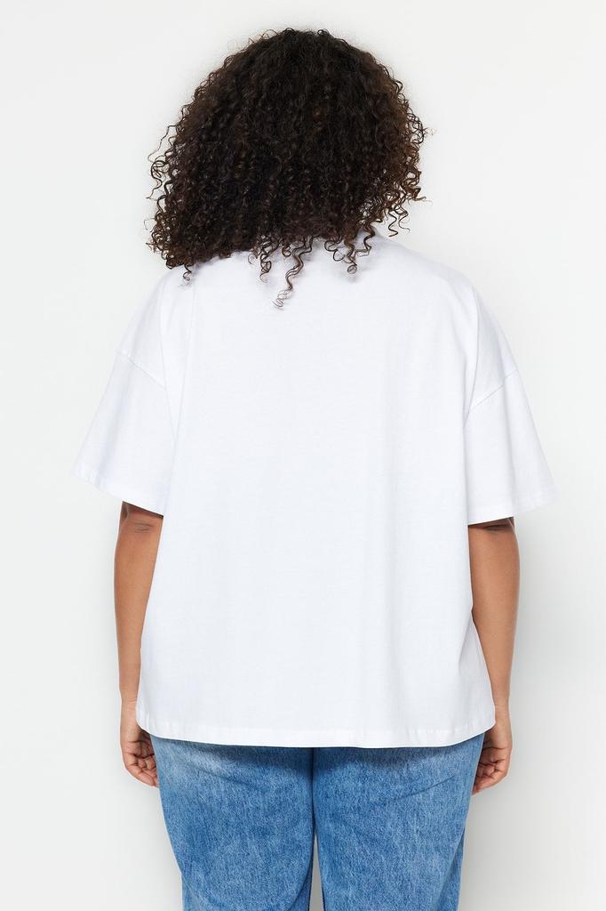 Женская базовая трикотажная футболка больших размеров в рубчик с широким воротником темно-синего цвета больших размеров