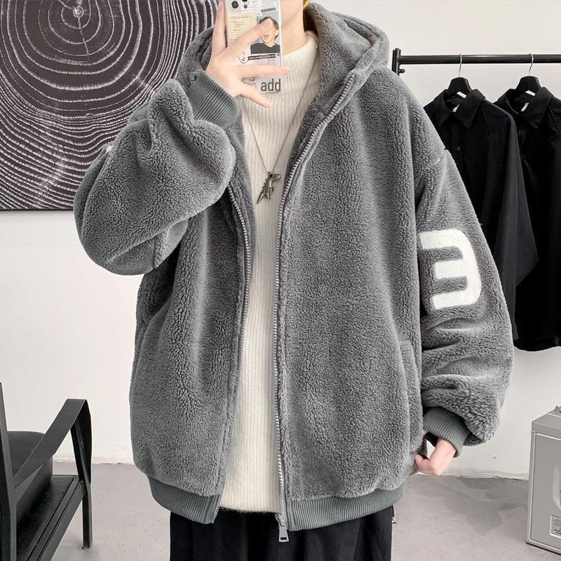 Men's Trendy Hooded Lamb Wool Coat - Thick, Loose, Plush Winter Jacket