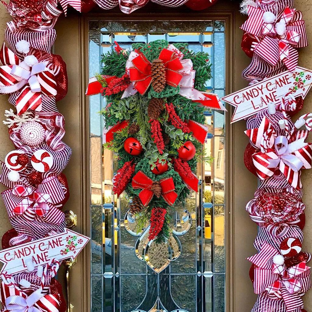 Christmas Ribbon Bell Upside Down Tree Wreath Door Hanging Christmas Bow Cane Decoration