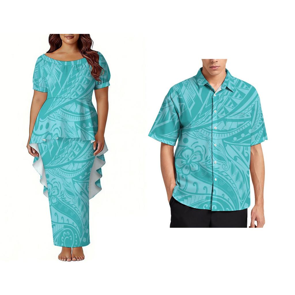 Custom Polynesian Bubble Short Sleeve Long Dress Lady Puletasi Dress Match Plus Size Men Stiff Neck Shirt Sets off Couples 2pcs