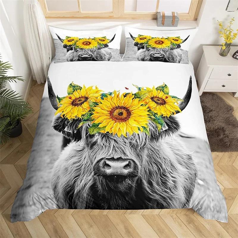Пододеяльник Хайлендский скот Бык Подсолнух Корова Постельное белье Королева Для мальчиков Мужчин Микрофибра Дикая природа Фермерский дом Животное Покрывало