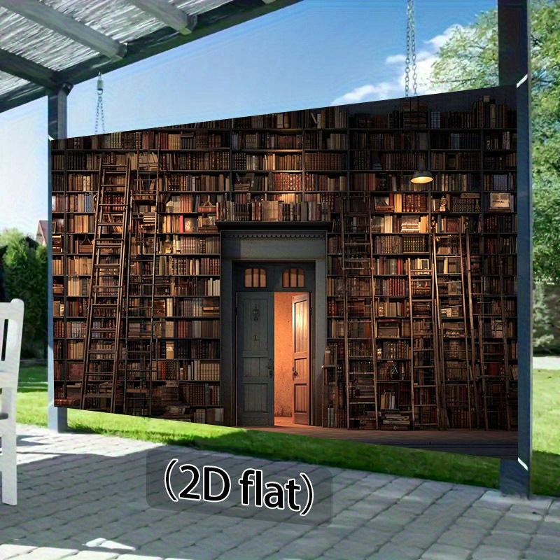 2D плоский 1 ретро фон на тему библиотеки с книжными полками, дверью и лестницей