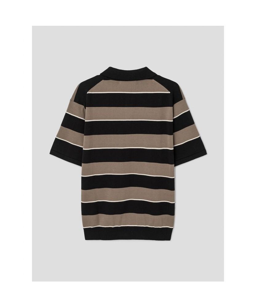8SECONDS Fine Touch Cotton Collar Neck Striped Short Sleeve Knit Black