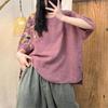 Summer Retro Artistic Embroidery Cotton Linen Top for Women Loose Slimming Short Sleeved T-shirt Versatile Pullover T-Shirts Women’s