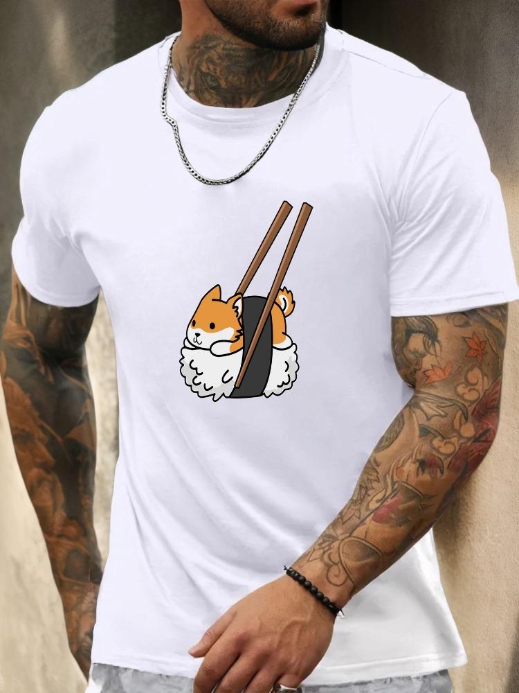 Unisex Crew Neck Sushi Shiba Inu Cartoon Print Short Sleeve Cotton Tee Casual Summer Streetwear Loose Basic Daily Outdoor Wear Top