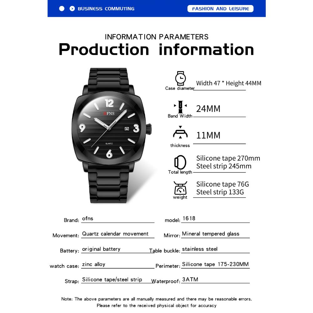 OFNS Модные тонкие мужские кварцевые часы Водонепроницаемые Ночная подсветка Одинарный календарь Простые повседневные мужские кварцевые часы