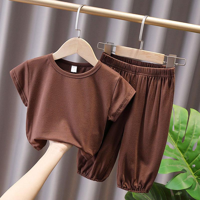 Детский комплект из однотонных брюк с короткими рукавами, летняя тонкая домашняя одежда, мужская и женская одежда для сна, брюки с защитой от комаров, комплект из двух предметов