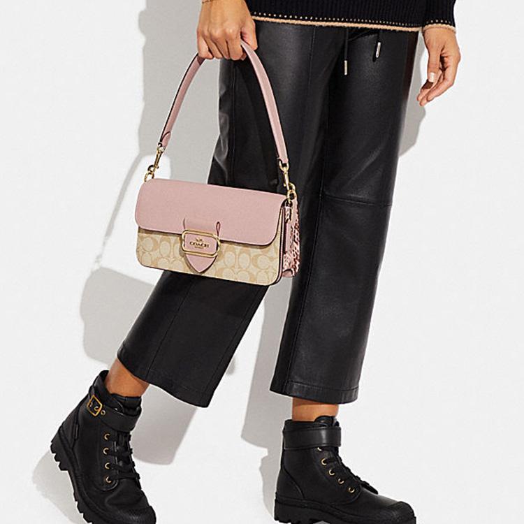 New COACH Morgan Canvas With Leather With Cow Leather Handbag, Shoulder Bag Tubas Women's Khaki Monogram & Pink CE621-IMSWZ