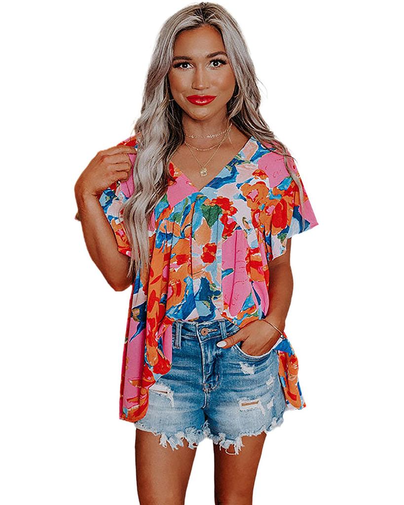 Azura Exchange Блузка с V-образным вырезом и рукавами-крылышками с абстрактным принтом