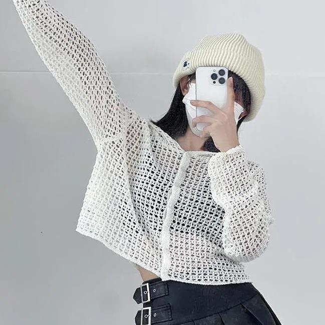Long Sleeved Sun Protection Cardigan Korean Version Lazy Top Hooded Knitted Spring/summer Short Cut Hollow Knit Sweater