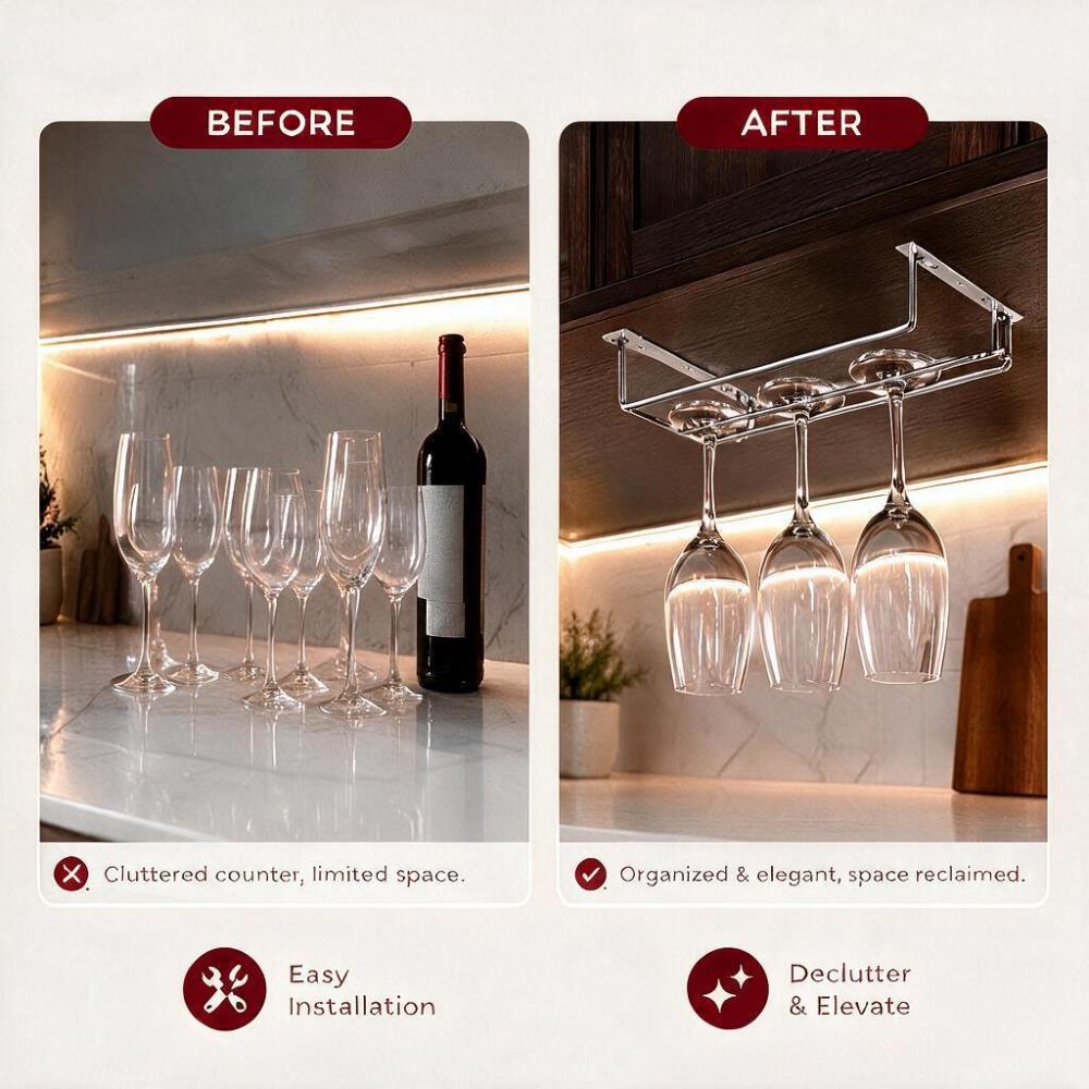 Hanging Design Wine Glass Holder Double Row Under Cabinet Stemware Rack Wine Glass Rack Kitchen