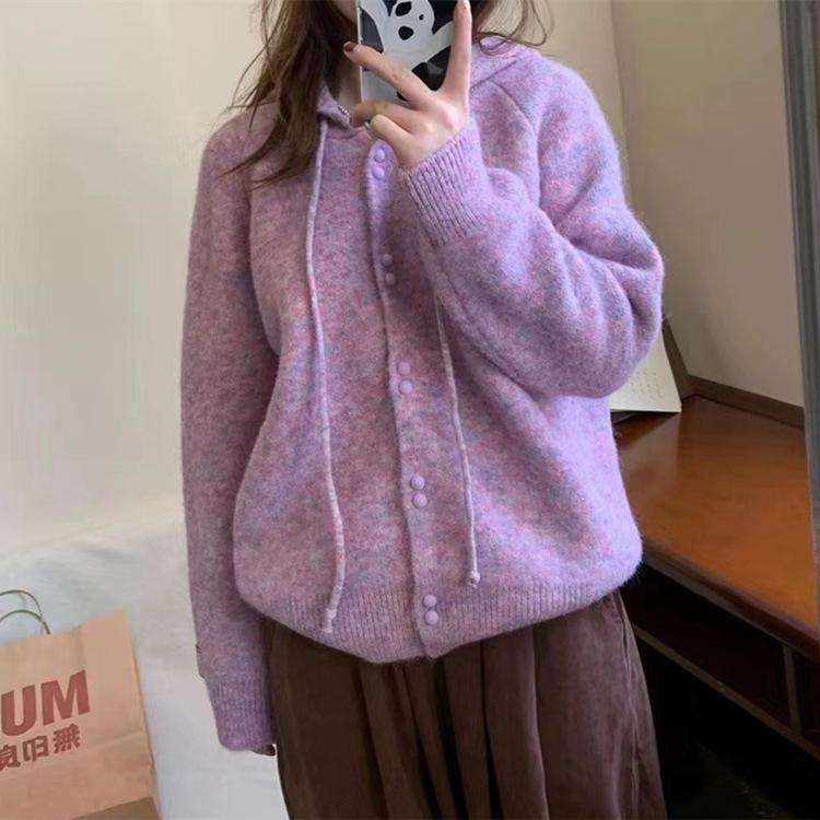 Женский осенне-зимний вязаный кардиган с капюшоном